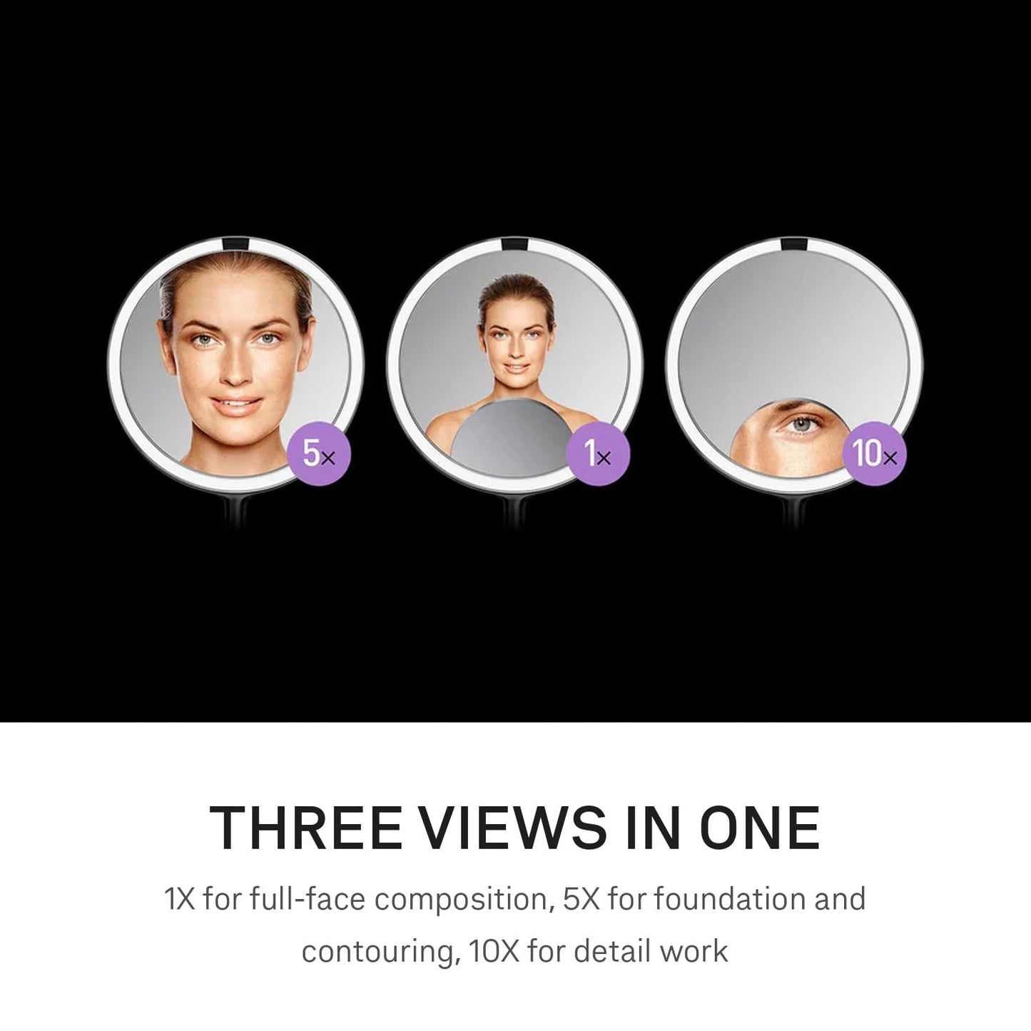 simplehuman Sensor Mirror Trio, 1X 5X 10X Magnification, Round Rechargeable Beauty Makeup Mirror, Tru-Lux® Full-Spectrum Light, Dual Light Settings, Adjustable Brightness, White Steel