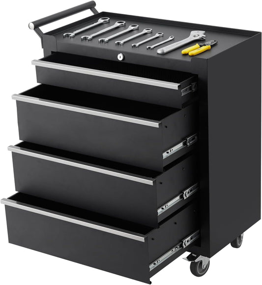 GarveeHome 4-Drawer Tool Chest, Rolling Tool Box with Wheels and Lock System, Portable Storage Rolling Tool Chest for Warehouse, Workshop & Repair Shop, Black