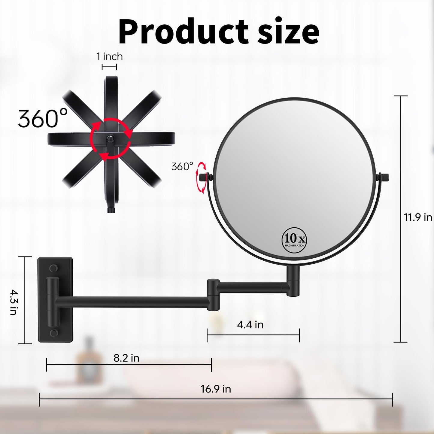 LANSI 8" Wall Mounted Makeup Mirror with 1X 10X Magnification, Matte Black