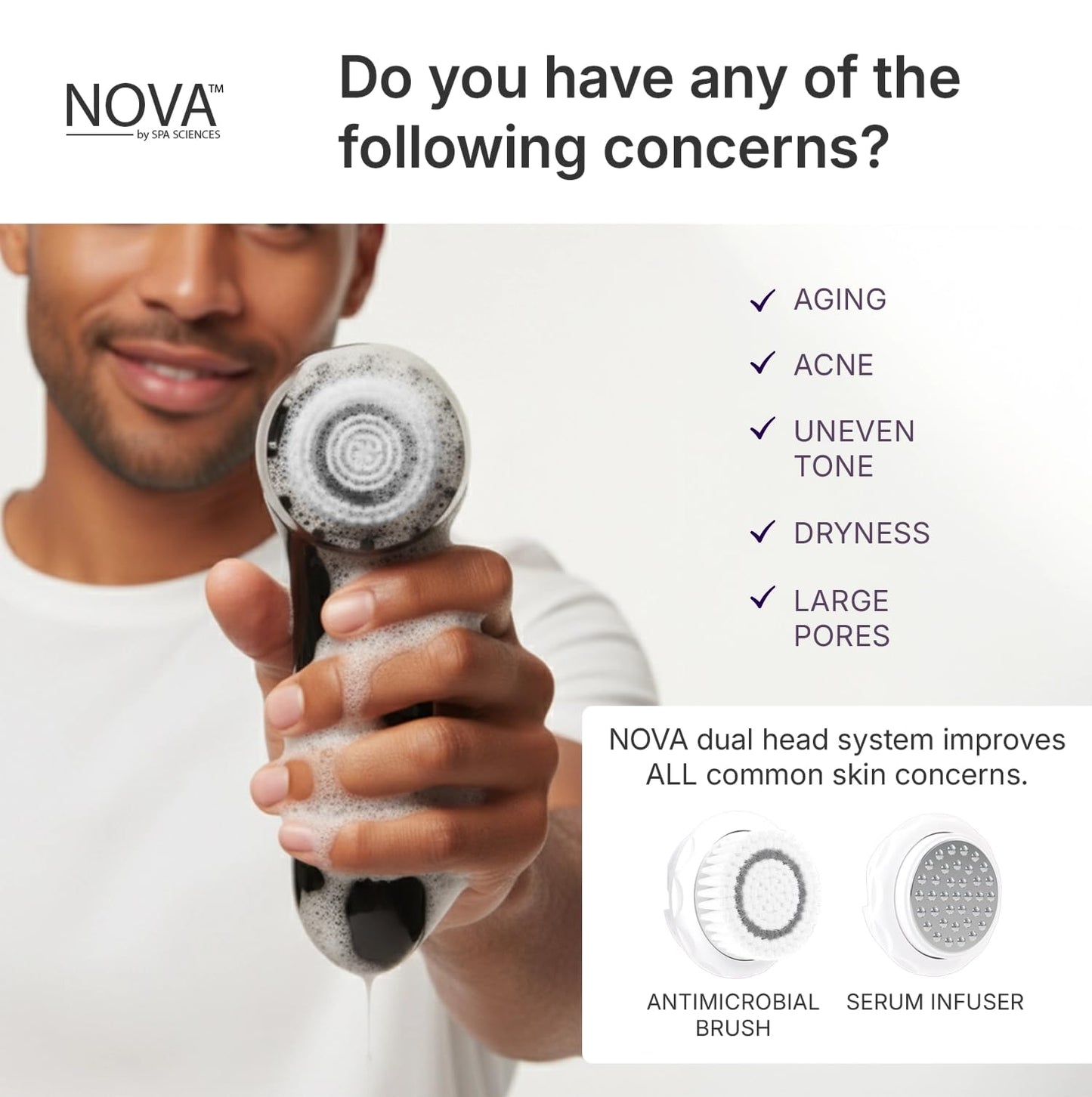 Spa Sciences - NOVA - Sonic Cleansing Brush with Bristles & Infusion System – Anti-Aging Facial Exfoliating, Waterproof, and USB Rechargeable