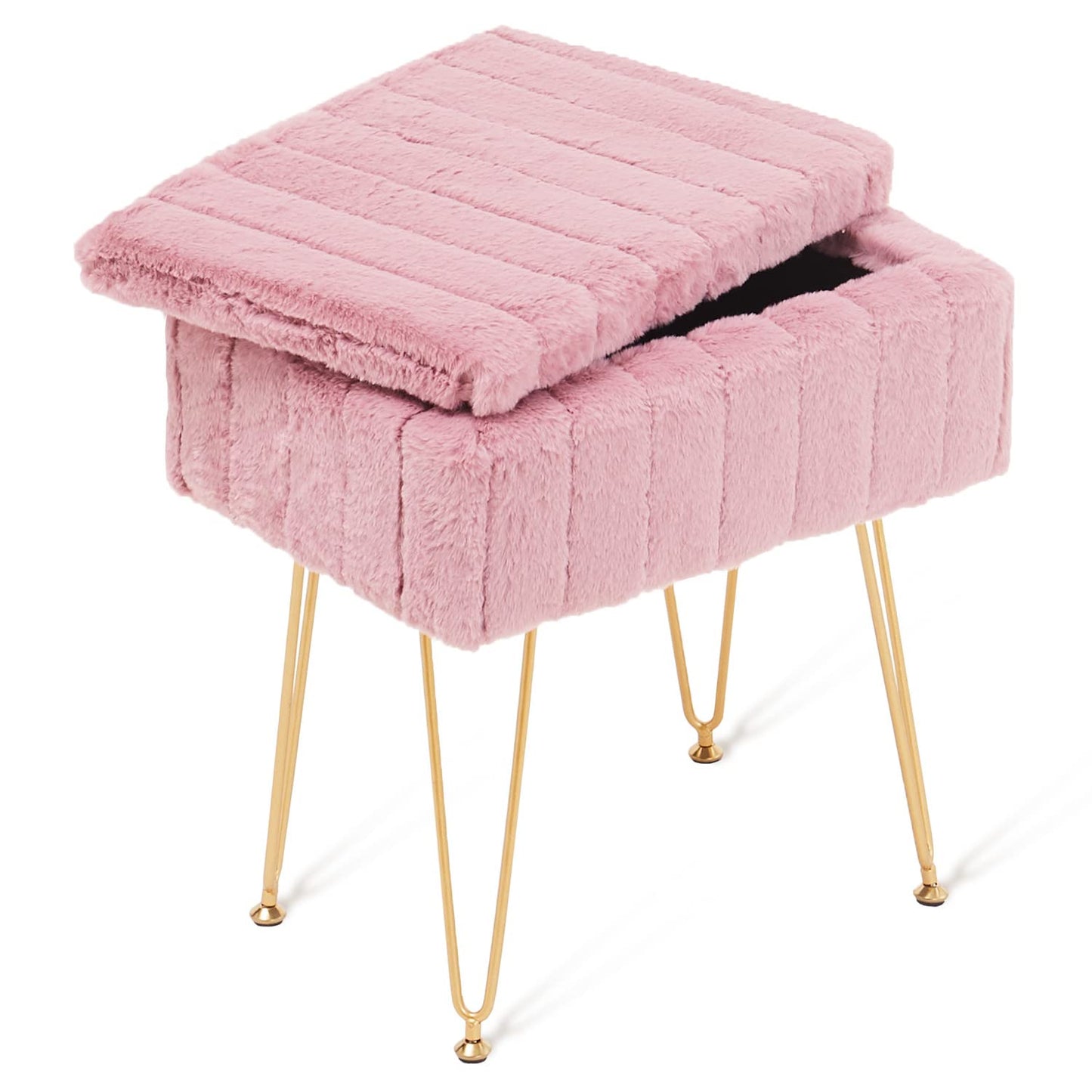 Wimarsbon Faux Mink Fur Storage Ottoman, Modern Soft Footstool, Storage Bench with Metal Legs, Vanity Seat, Fur Stool, Ottoman Coffee Table, Makeup Chair, Vanity Stools for Bedroom (Pink)