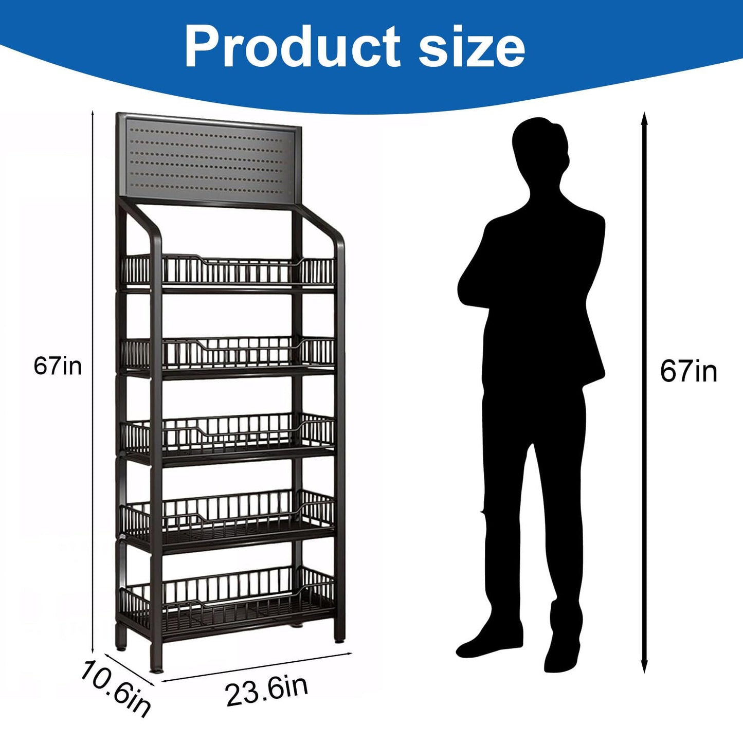 CDDUOLA 5 Tier Retail Display Rack, Snack Organizer Stand With Wheels & Hooks, Candy Potato Chip Metal Wire Display Shelf Cart for Supermarket and Home Kitchen, Black
