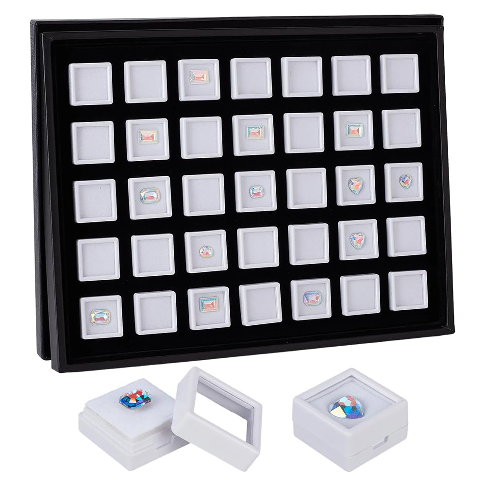 PH PandaHall 35pcs White Gemstone Display Box, Acrylic Small Loose Diamond Cases 1.2inch Square Transparent Jewelry Box with Lid Foam Stone Storage Container for Collectibles Crystal Small Items