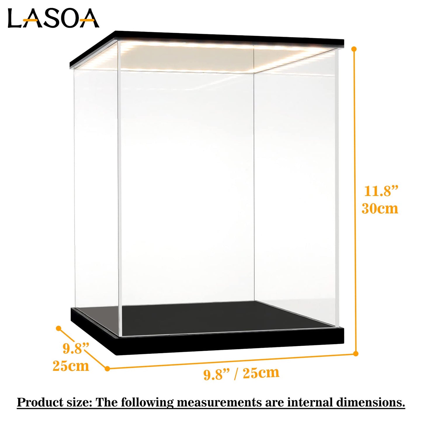 LASOA Acrylic Display Case for Collectibles with LED Light, Alternative Glass Display Box with Black Base and Lid, Self-Assembly Clear Storage Showcase for Memorabilia (9.8x9.8x11.8inch;25x25x30cm)