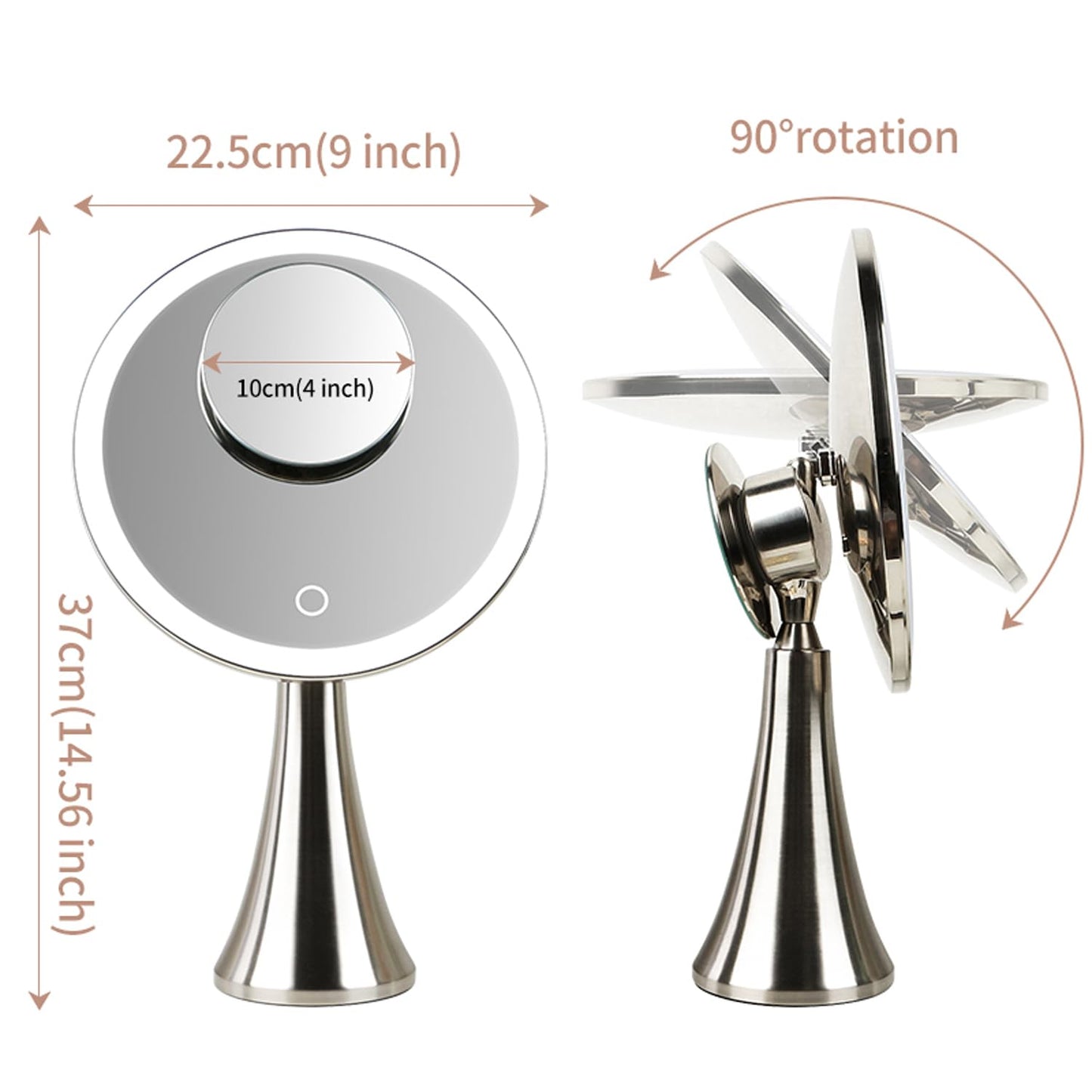 Surdy 9" Lighted Makeup Mirror, 5x/10x Dual Magnifying Mirror w/ 3 Color, Brightness Adjustable,360° Rotation, 4000 mAh Rechargeable, Women Gift, Vanity Mirror