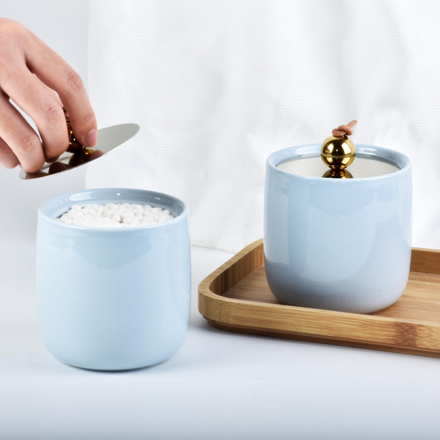 2 Pack Ceramic Qtip Holder Dispenser with Gold Lids, Blue Apothecary Jars Bathroom Vanity Organizer for Home Decor Bathroom Canister for Cotton Swabs, Rounds, Balls, Makeup Sponges, Bath Salts