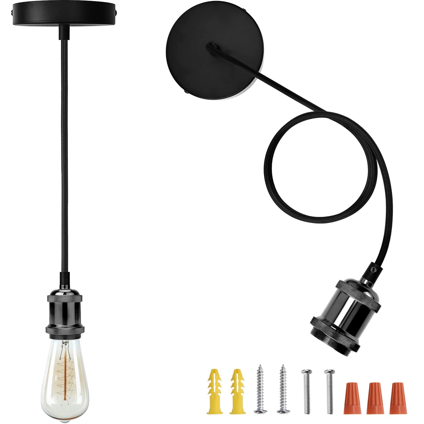JACKYLED Pendant Light Kit UL Canopy Kit Copper Socket E26 E27 Lampholder Black Woven Fabric Pendant Light Cord Adjustable Ceiling Lighting (Pearl Black)