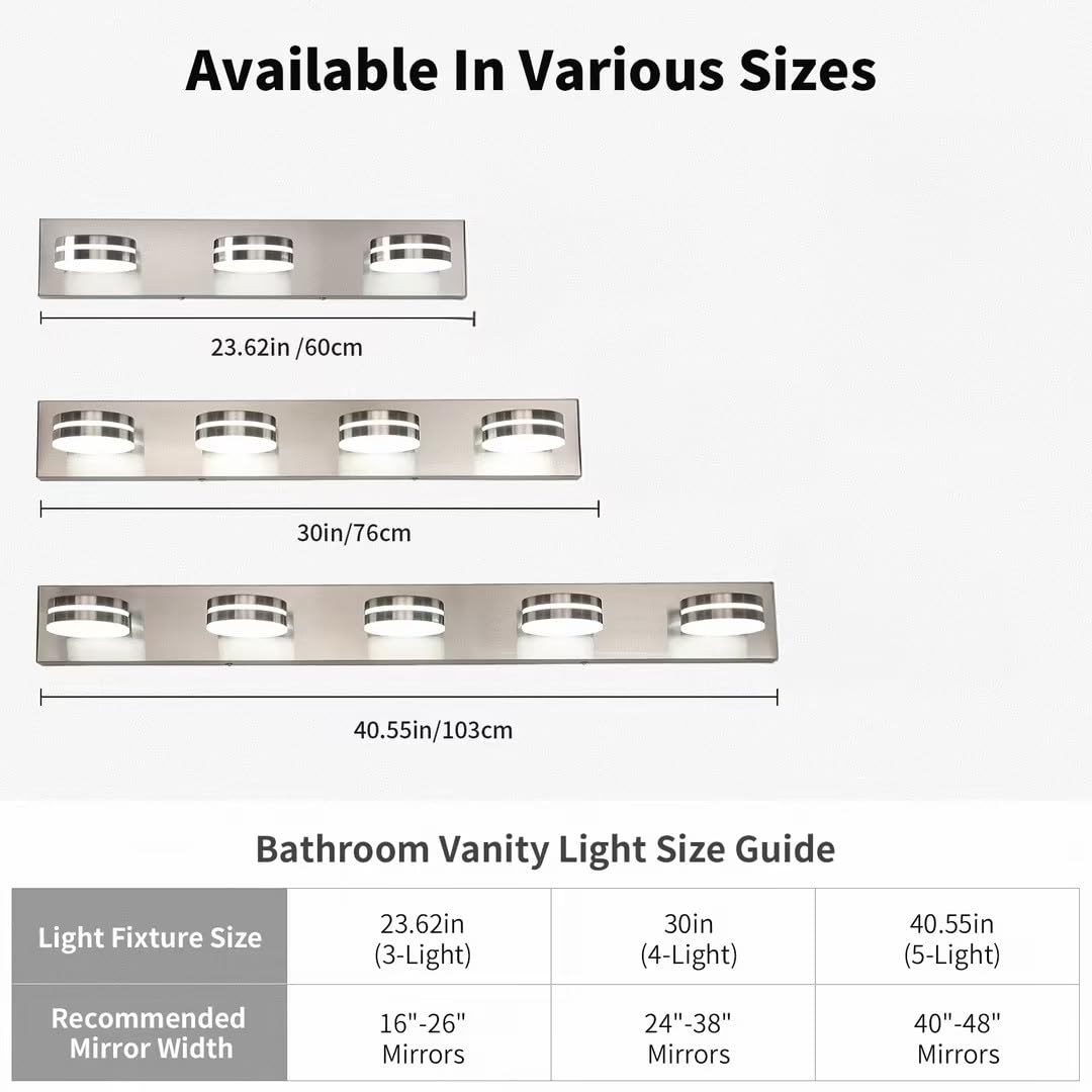 Bicrink Brushed Nickel Bathroom Vanity Light, (24in Dimmable) 3-Light Bathroom Light Fixtures Over Mirror, LED 5500K Vanity Lights with 360°Rotating Lamp Head