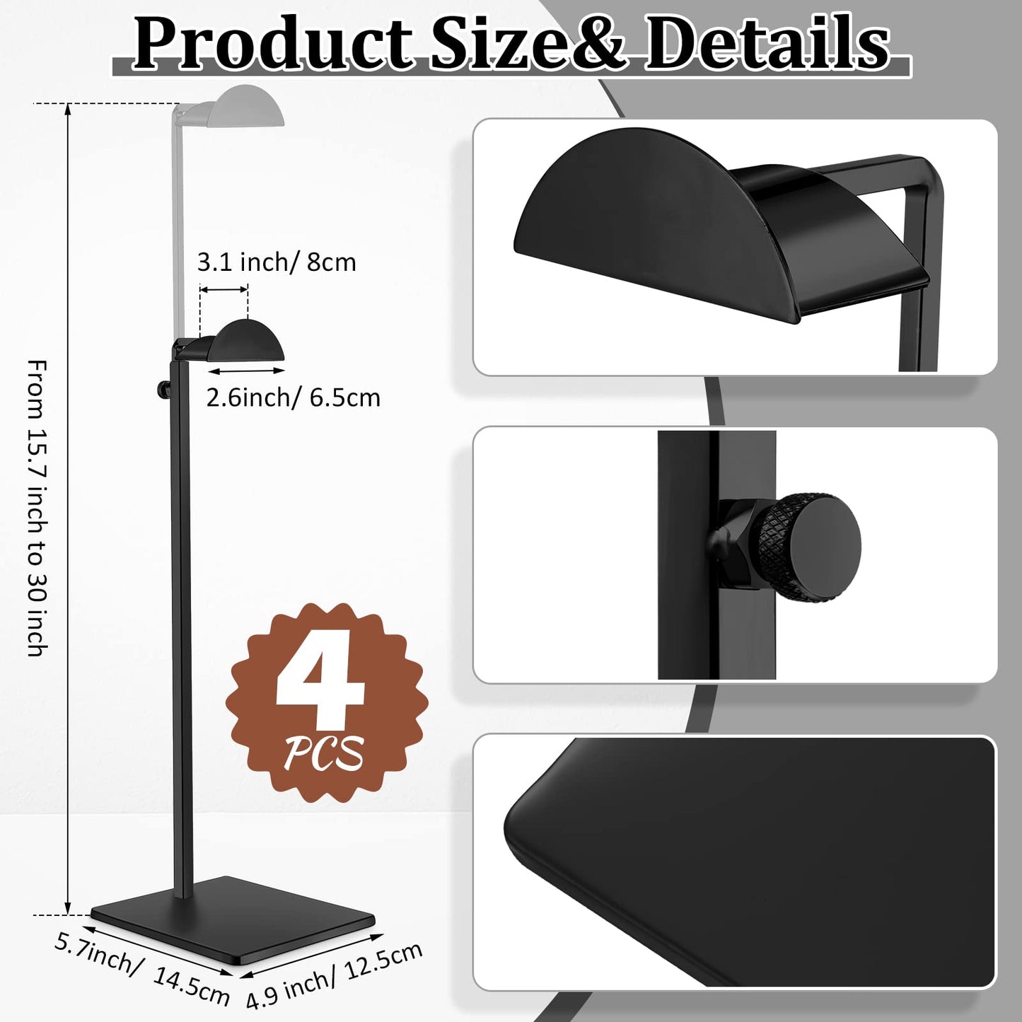 Maitys 4 Pack Purse Display Stands Stainless Steel Adjustable Height Bags Display Holder for Home Store Boutique Counter (Black)