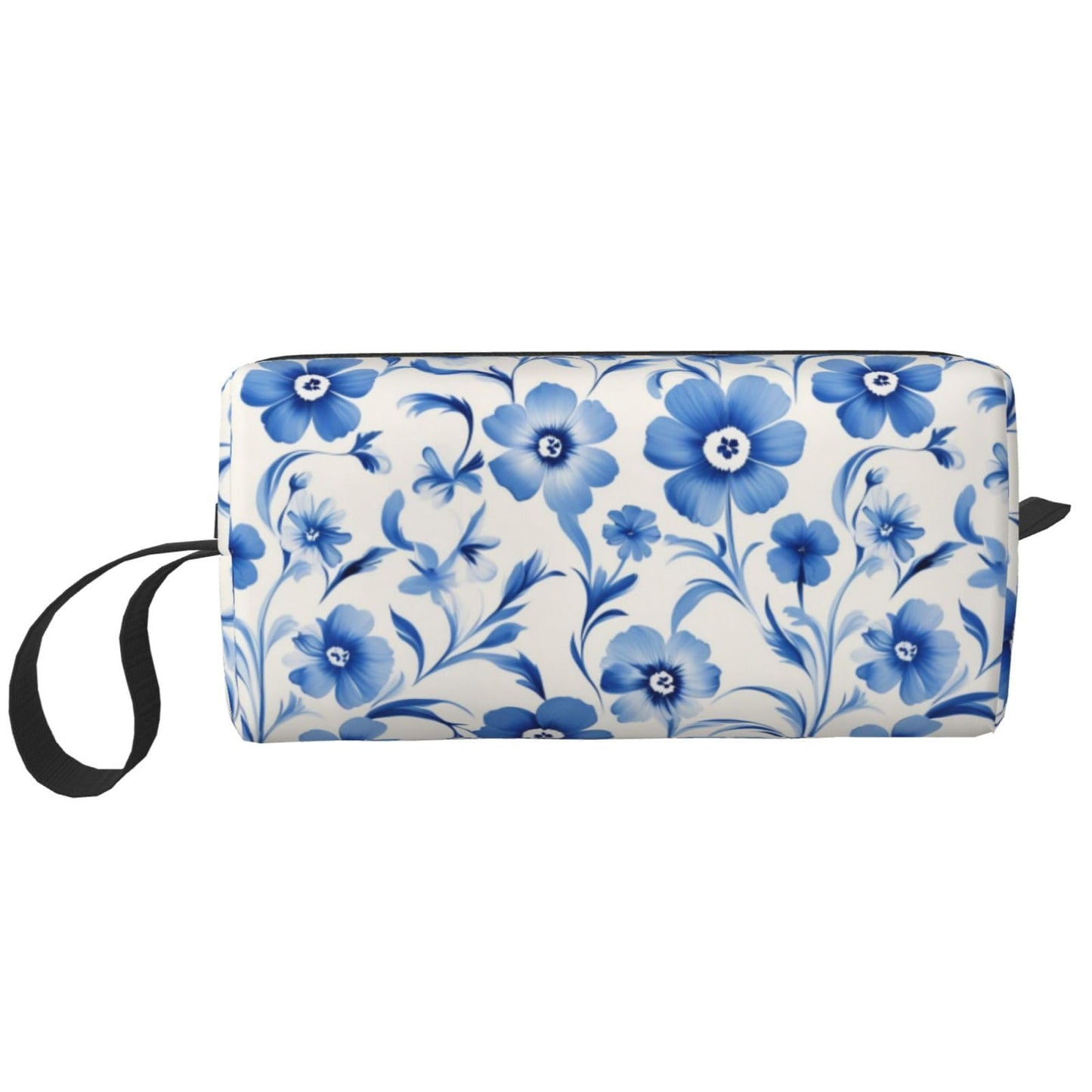 OLUSENMO Blue Elegant Flower Makeup Bag Small Compact & Durable Travel Cosmetic Bag Organizer Oxford Fabric Multi-Purpose Storage Perfect for Travel, Gym, Daily Use