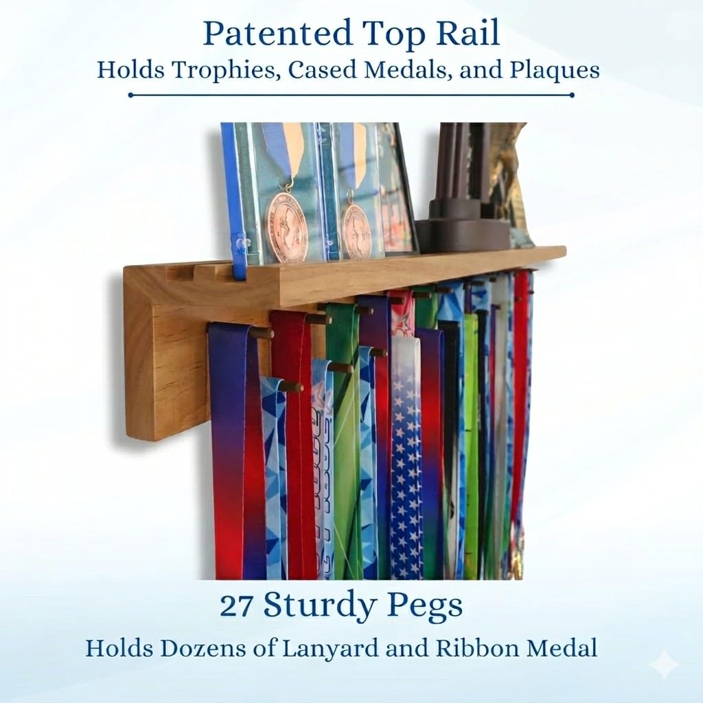MedalAwardsRack 3ft- Ultimate Medal Hanger Display and Trophy Shelf - Multi-Sport Trophy and Medal Holder for Medal Display, Plaques, Pictures, Trophies and more. Solid Wood - Large 36" - Walnut