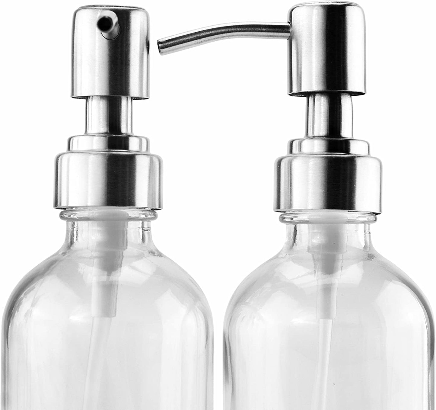 Cornucopia Brands 8oz Clear Glass Bottles w/Stainless Steel Lotion Pumps (4-Pack); Liquid Soap & Lotion Pump Dispensers