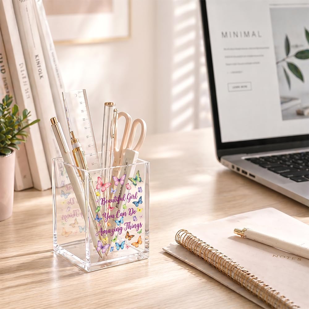 Xiahde Beautiful Girl You Can Do Amazing Things Acrylic Pencil Holder Cup, Inspirational Makeup Brush Organizer Gifts, Butterfly Encourage Gifts for Women Sister Daughter, Bathroom Vanity Organizer