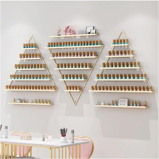 LXSEHN Metal Wall Mounted Nail Polish Rack, 6 Sets Triangular Cosmetic Display Racks, Essential Oil Bottles Shelf Organizer, Gold Storage Lipstick Perfume Holder for Spa Nail Salon Shop Home