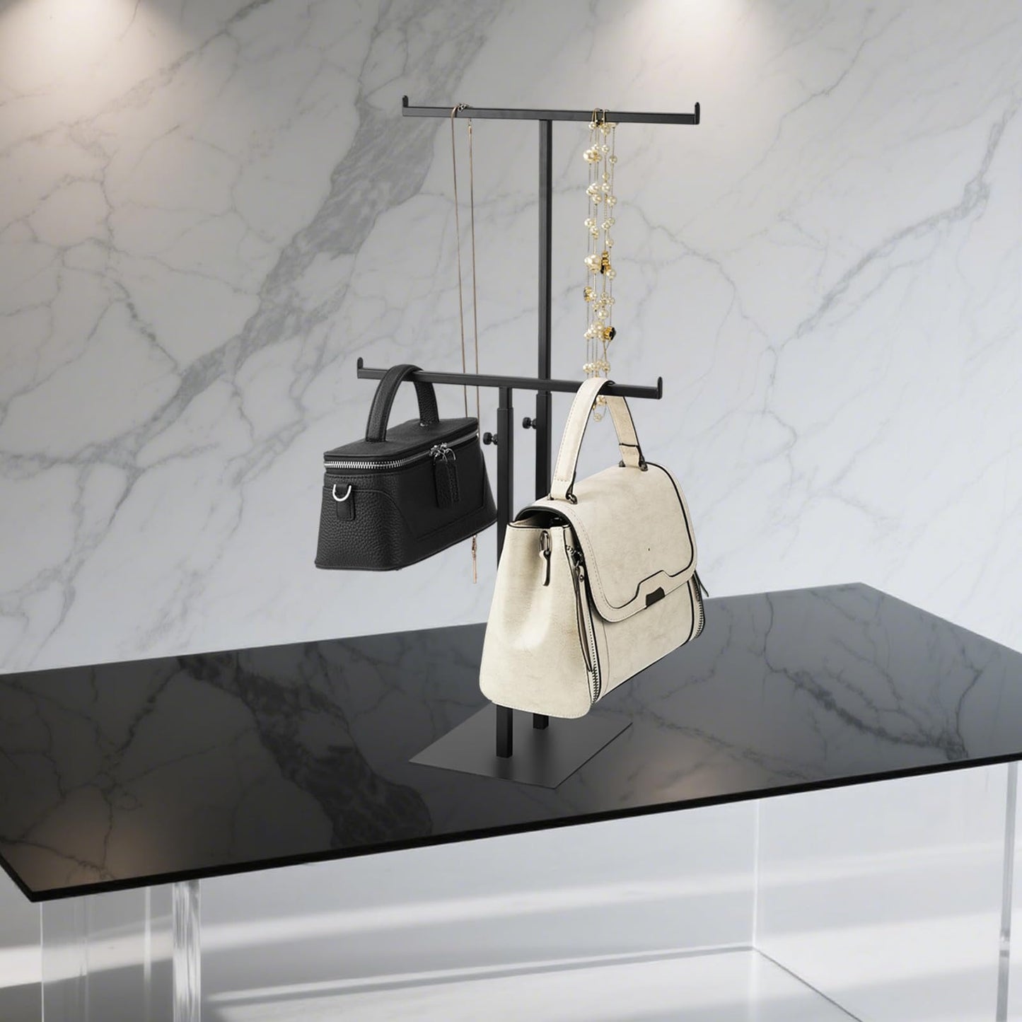 Purse Display Stand Jewelry Towers, Black Double T-Shaped Tabletop Stainless Steel Hook Hanging Adjustable Height Handbag Holder for Organizer Luxury Bags Necklaces Home Store Boutique Retail Closet