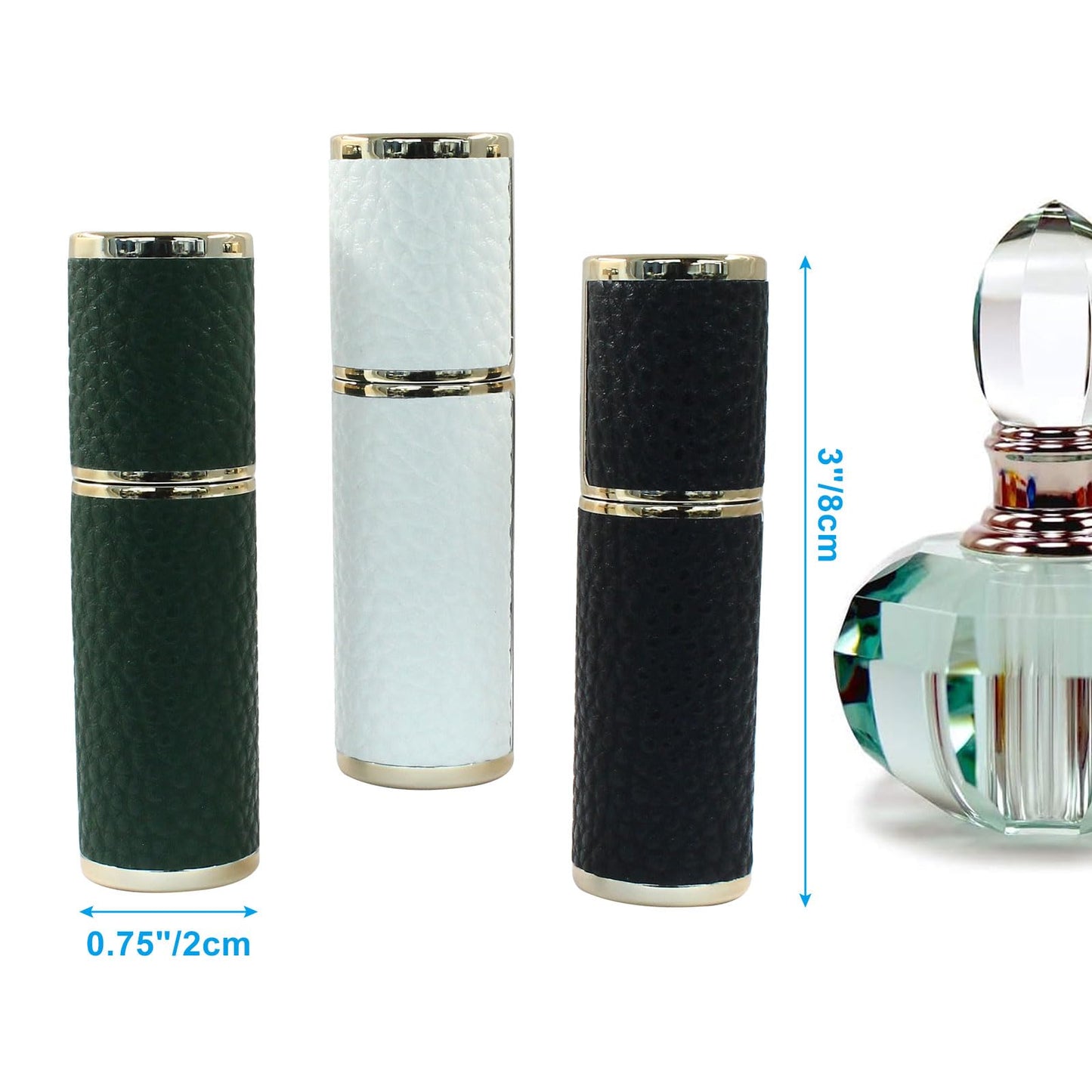 Zorfeter 3 Pack Travel Perfume Bottle, Refillable Mini Atomizer Leather Sprayer, Portable Cologne Dispenser for Travel/Essentials(White, Black, Green)
