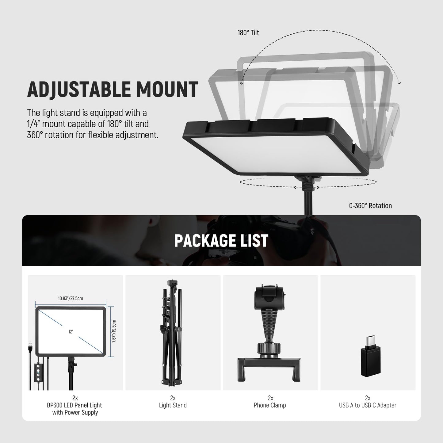 NEEWER Basics 2Pcs LED Video Light Panel with 59'' Tripod Stands/Phone Holders, 2700-6500K 850Lux Dimmable Plastic Studio Lighting for Photography Filming Recording Live Streaming, No Adapter, BP300
