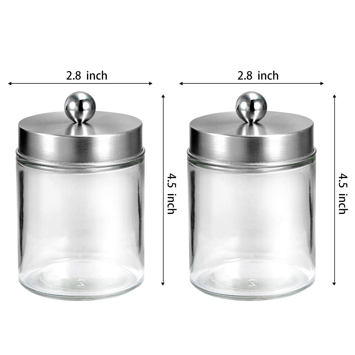 Amolliar Apothecary Jars Bathroom Vanity Organizer -Countertop Canister Jar with Storage Lid - Qtip Dispenser Holder Glass for Qtips,Cotton Swabs,Makeup Sponges,Hair Band - Brushed Nickel (2 Pack)