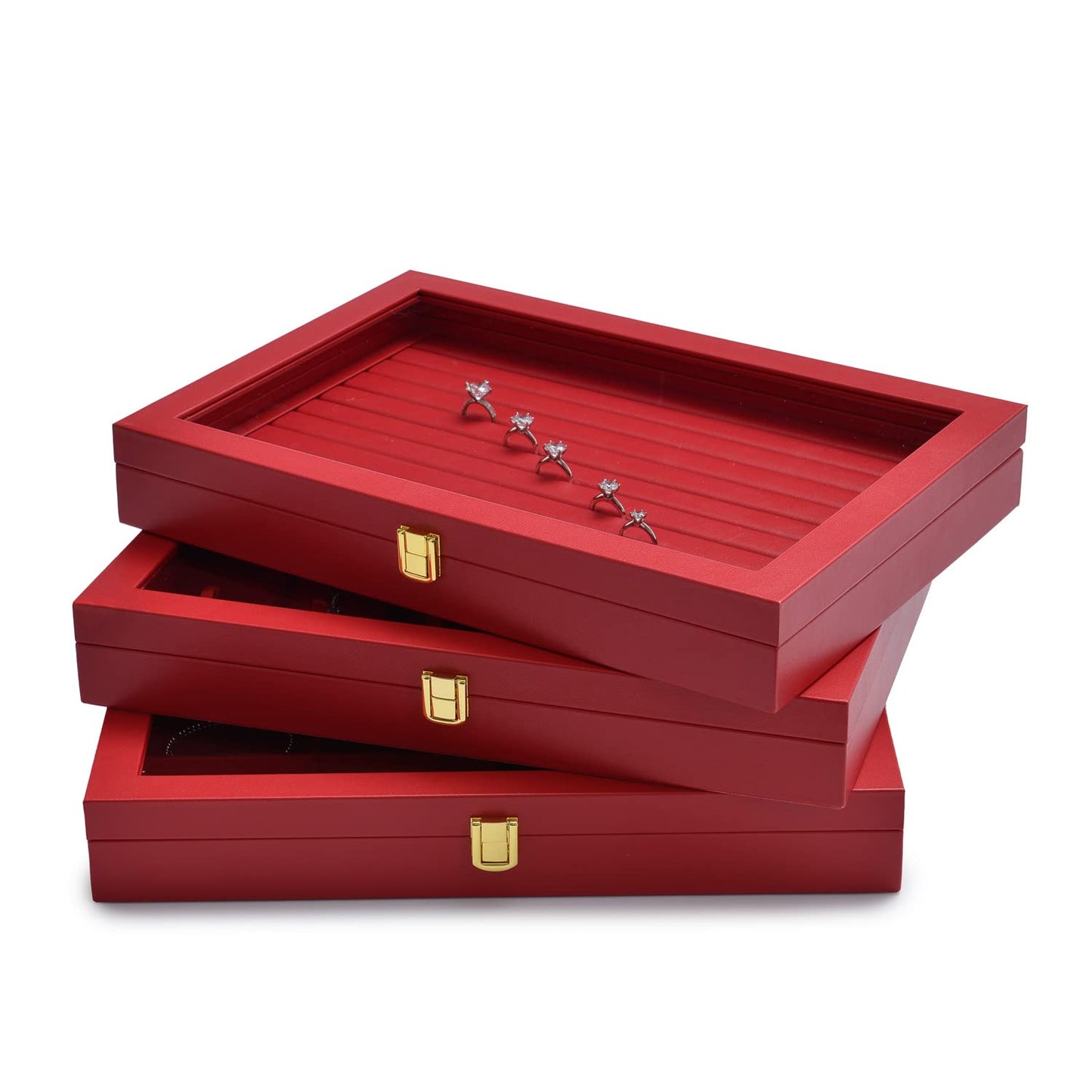 Oirlv Luxury Leather Rings Earrings Organizer Tray with Clear Lid Jewelry Display Box with Acrylic Lid Stackable Jewelry Box Drawer Inserts