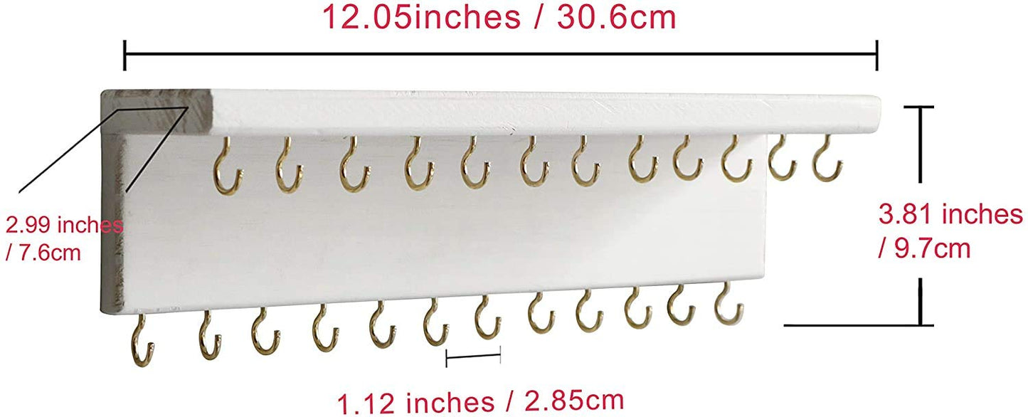 SANY DAYO HOME Jewelry Organizer with 24 Hooks and Cosmetics Shelf, 12 x 3 x 4 inches Wall Mounted Rustic Pine Wood Holder for Necklaces and Bracelets, Suitable for Kids and Adults (Retro White)