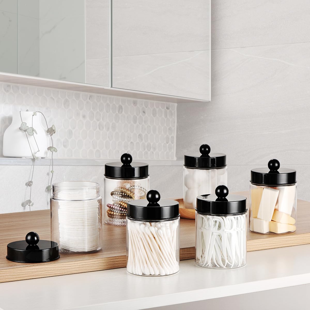 Amolliar Apothecary Jars Bathroom Vanity Storage Organizer Set -Countertop Canister Plastic Acrylic Jar - Farmhouse Decor Qtip Holder for Cotton Swabs,Makeup Sponges,Flossers ,Paper Clips-Black (4)