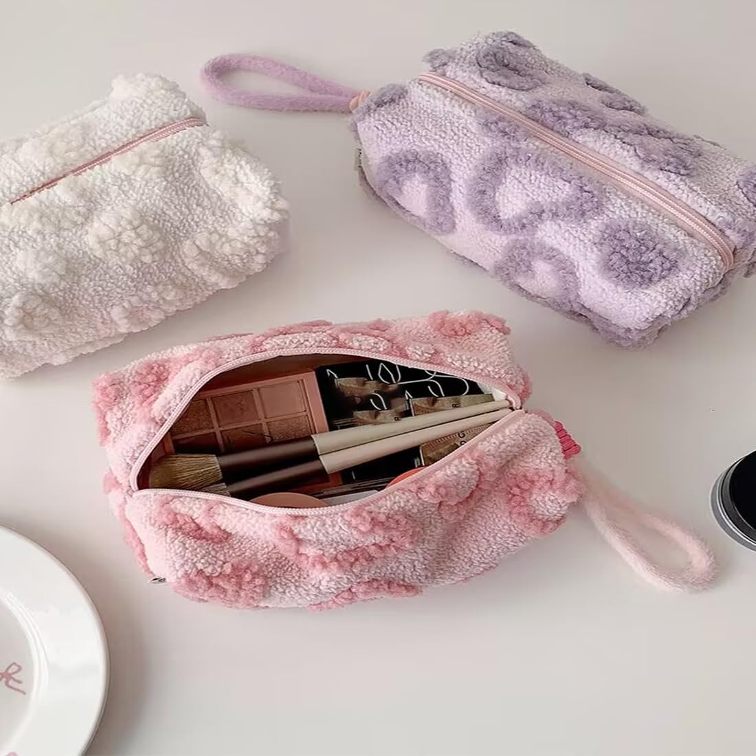 SxoSyo Heart Makeup Bag for Women, Plush Cosmetic Bags, Rose Pink
