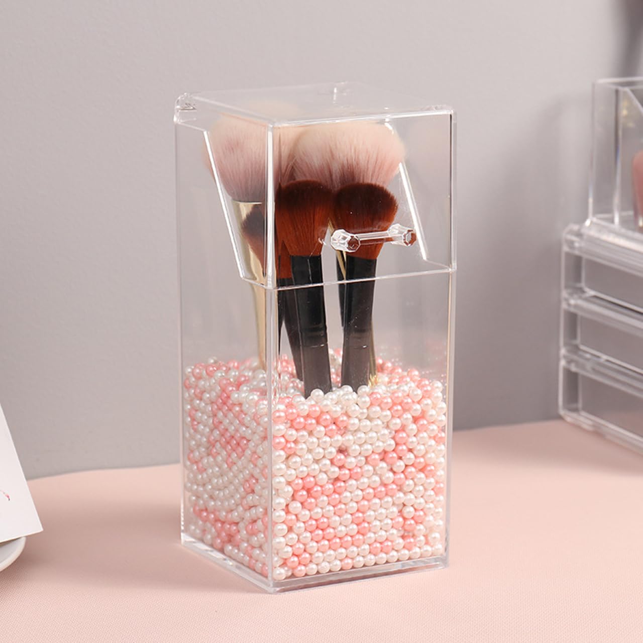 ARTIBETTER Acrylic Makeup Brush Cup, 2pcs Square & Hexagonal， Dustproof Flip Lid Storage Container， Cosmetics Organizer for Vanity Table