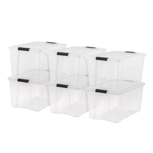 IRIS USA 72 Qt Stackable Plastic Storage Bins with Lids, 6 Pack - BPA-Free, Made in USA - See-Through Organizing Solution, Latches, Durable Nestable Containers, Secure Pull Handle - Clear