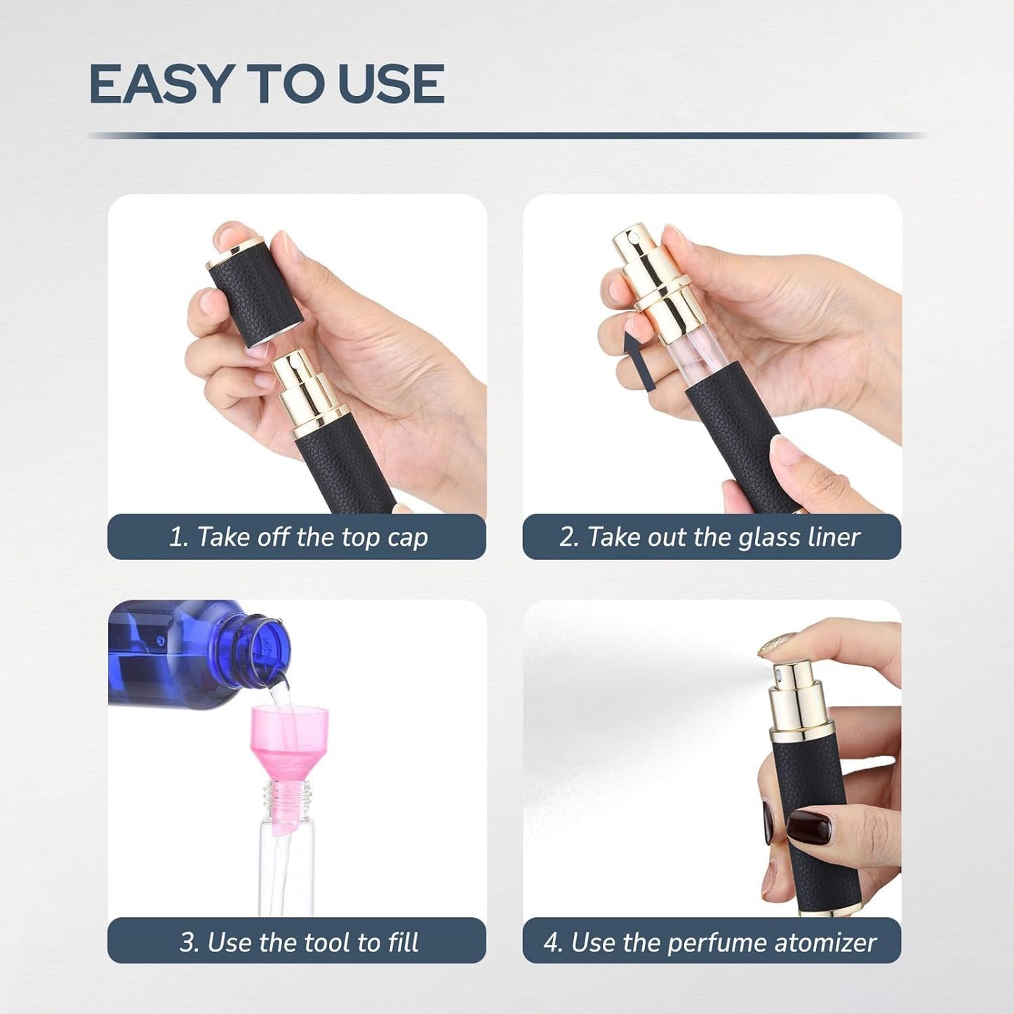 Fusupak Travel Perfume Bottle Refillable - Mini Leather Cologne Atomizer Sprayer Portable - Empty Small Size Fragrance Pump Dispenser Container for Coffee Spray Bottle - Small Refill 10ml Black 4 PCS