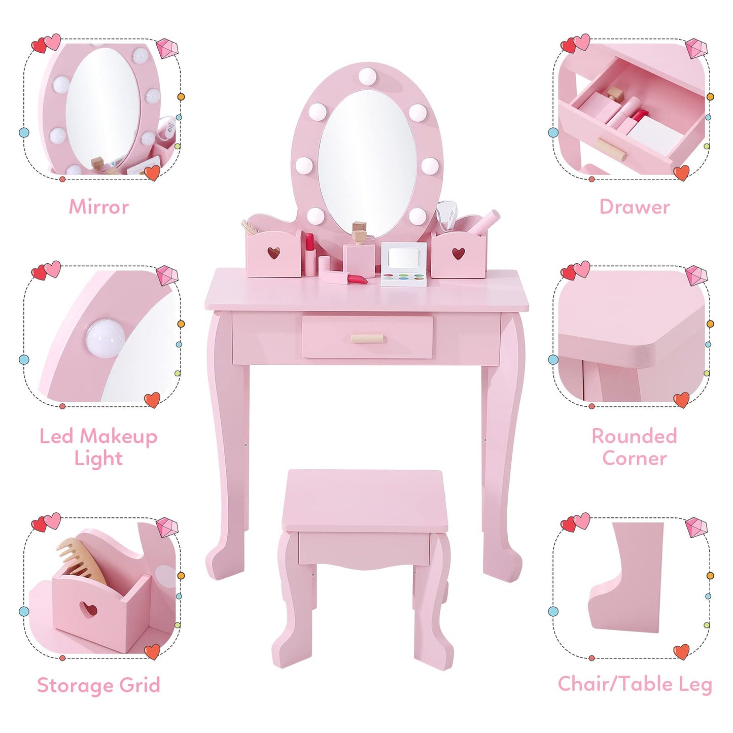 Garvee Kids Vanity Set, Pretend Play Girls Vanity Table and Chair Set with Lighted Mirror, Stool, and Wood Makeup Playset, Pink