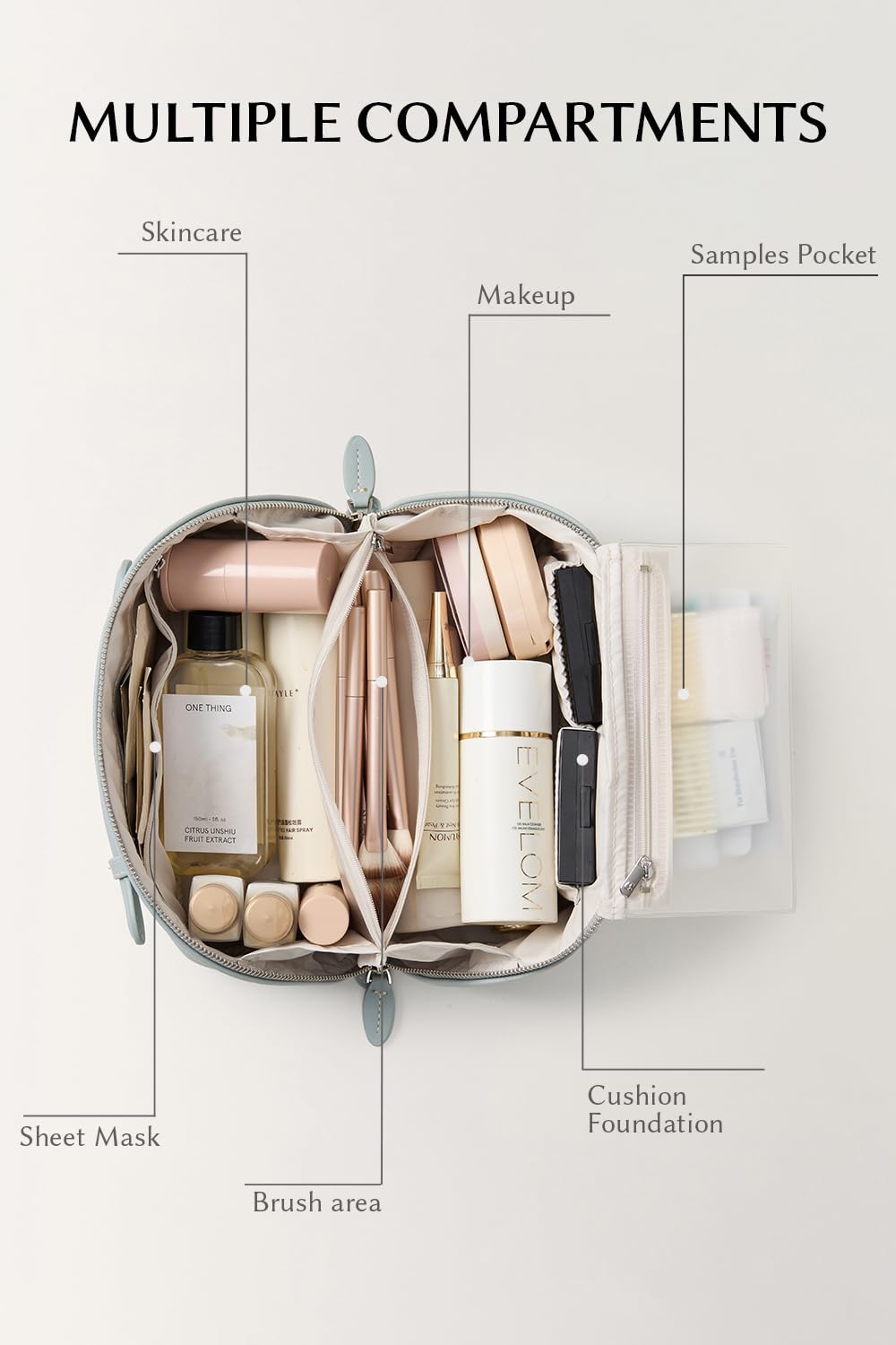 EACHY Travel Makeup Bag for Women, Cosmetic Bag Organizer with Brush Holder, Wide Open Water-Resistant Makeup Pouch, Soft Structured Toiletry Bag for Travel and Daily Beauty Essentials