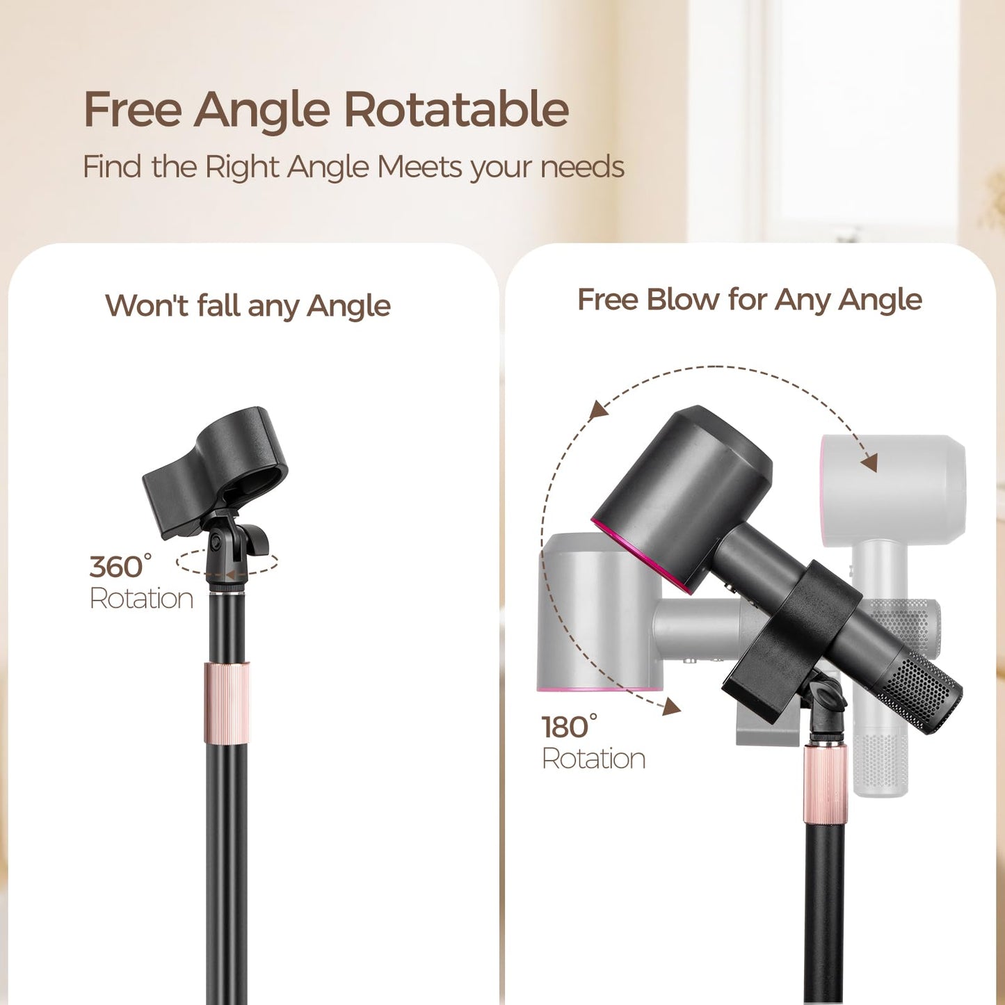 Hair Dryer Stand, 1.68M Height Adjustable Blow Dryers Holder, Ultra Stable Holder with 360° Rotating, Universal Clips, Work with All Dryer, Floor Dryer Stand for Salons or Home Use