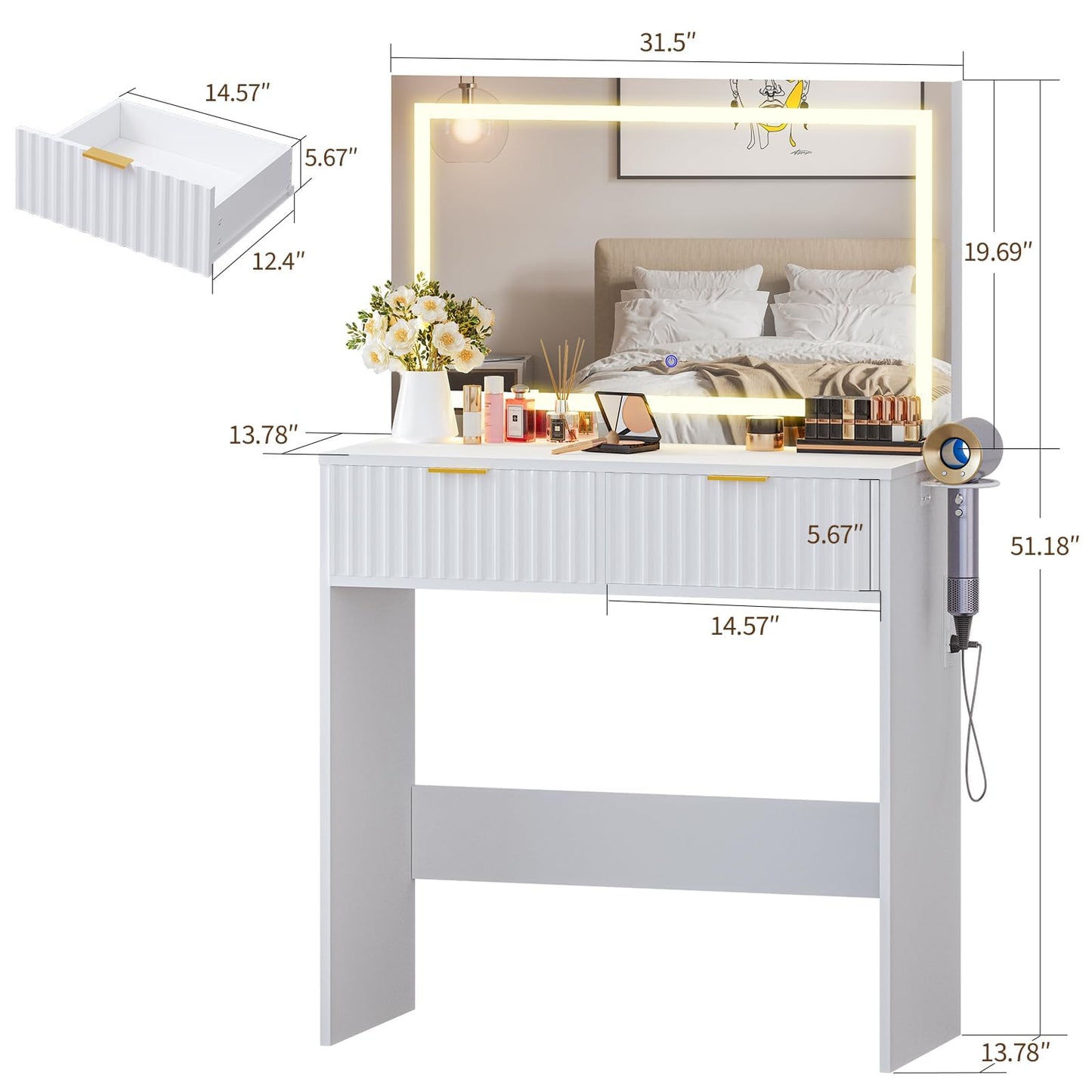 Garvee Fluted Vanity Desk with Large Mirror and Lights, Makeup Vanity with 2 Drawers, 3 Lighting Modes Adjustable Brightness, Make Up Table for Bedroom, White