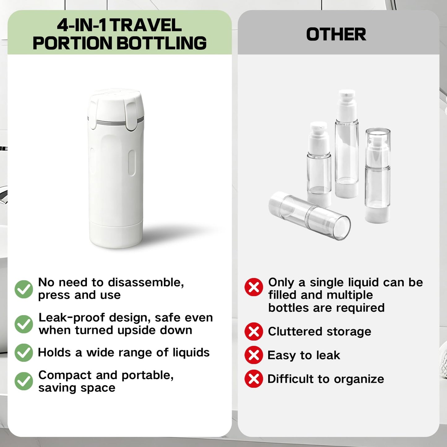 4 in 1 Travel Dispenser Bottle with Pump for Vacation & Business Trip, Leakproof & Easy Clean Travel Bottle and Toiletries Containers with Scale and Labels for Shampoo, Conditioner, Lotion & Skincare