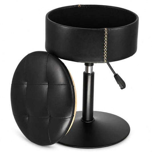 ACEQLYT 2 in 1 Adjustable Storage Vanity Stool with Flip-Over Wood Tray, 360° Swivel Vanity Chair with Storage, Small Round Makeup Stool for Vanity, Black PU Leather