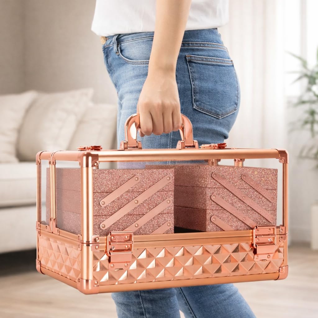 Ver Beauty Rose Gold Diamond Makeup Train Case with 6 Accordion Trays Lockable Cosmetic Organizer with Spacious Interior & Clear Acrylic Top