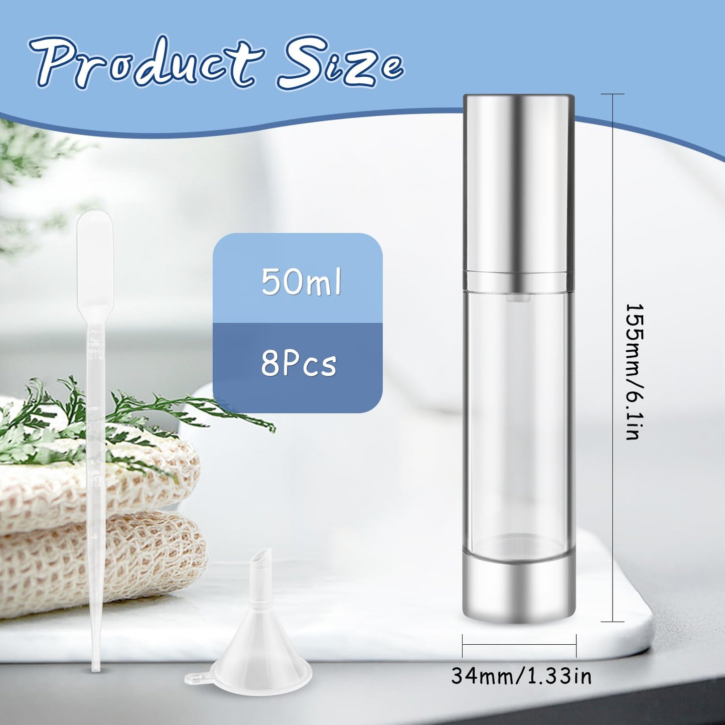 DynnnDy 50ml/1.7oz Empty Airless Pump Bottles with Silver Pump Head 8 Pcs Plastic Vacuum Bottle Refillable Cosmetic Containers for Lotion Cream Foundation,1Funnel & 1 Pipette