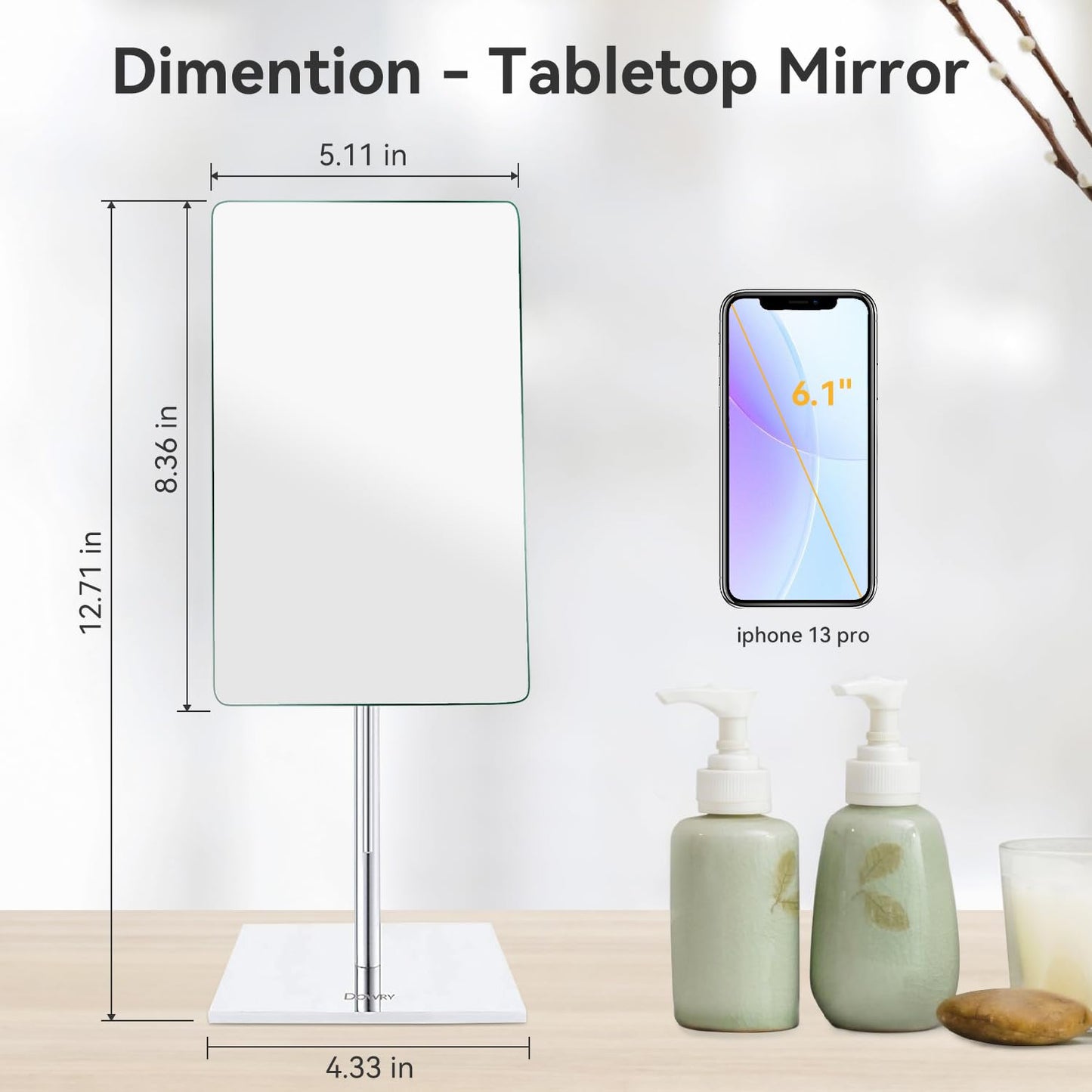 DOWRY 8 Inch 3X Magnified Tabletop Rectangular Adjustable Makeup Mirror,304 Stainless Steel, Gifts for Women Wife Mom Teengirls Mothers Day Polished Chrome (3X)