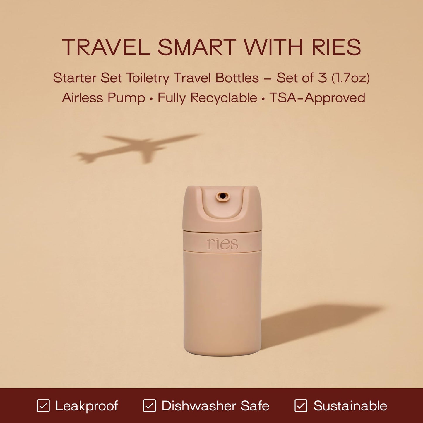 RIES Airless Pump Travel Bottles Set of 3 | TSA Approved Leak Proof Toiletry Containers | 1.7 oz Refillable BPA Free Travel Size Bottles | Shampoo Conditioner | Sand