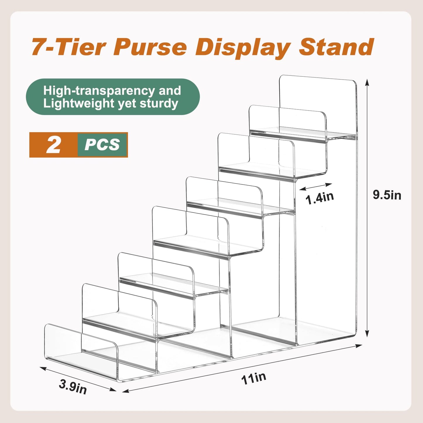 Kathfly 2 Pack 7-Tier Acrylic Wallet Display Stand Clear Purse & Handbag Organizer Riser Shelf for Perfume, Sunglasses, Cosmetics, Jewelry Vendor Display for Craft Fairs, Retail