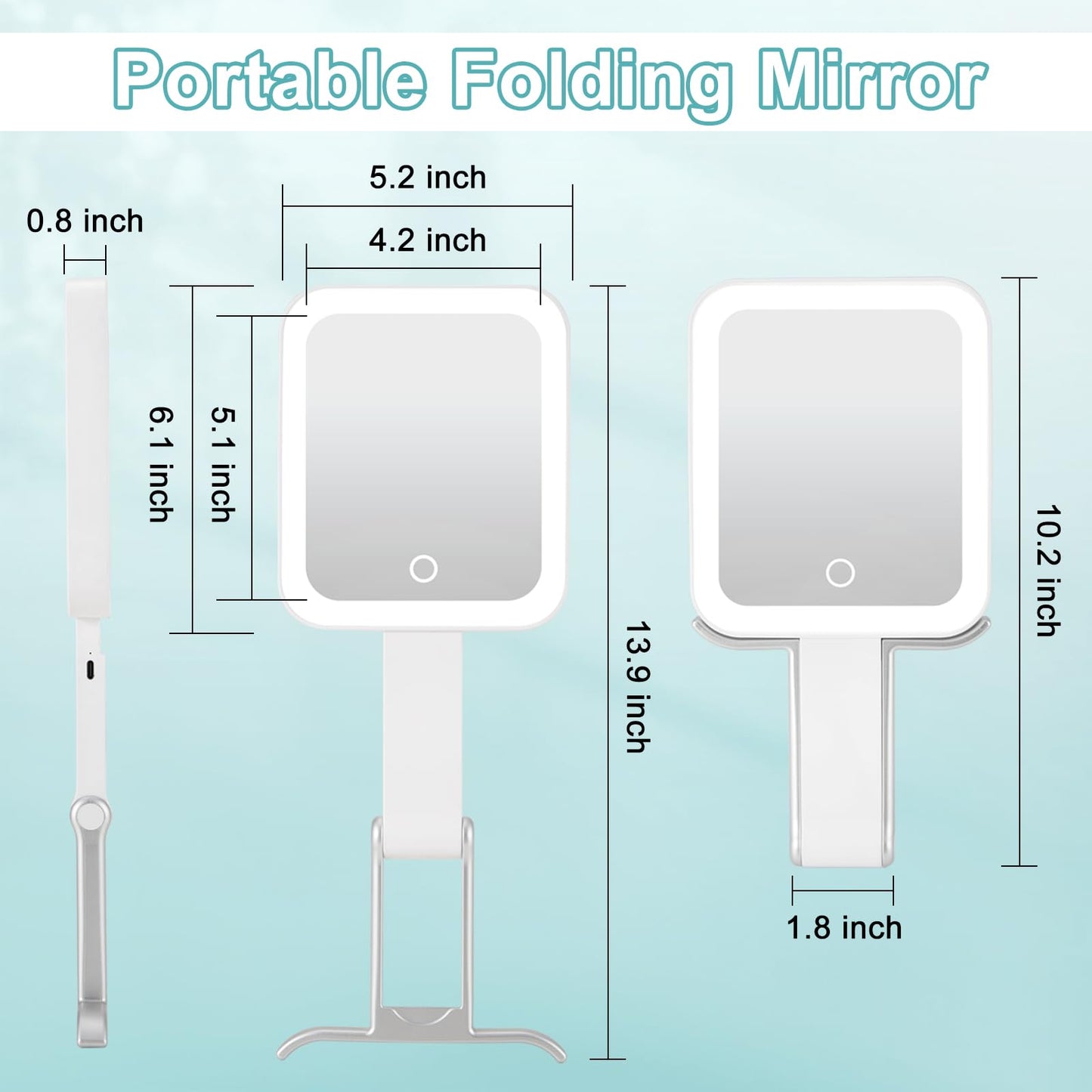 DECLUTTR Travel Makeup Mirror with Lights, Rechargeable 1X/15X Magnifying with Light Double Sided，Portable Handheld Mirror with 3 Color Light Dimmable, Tabletop,Hanging,White