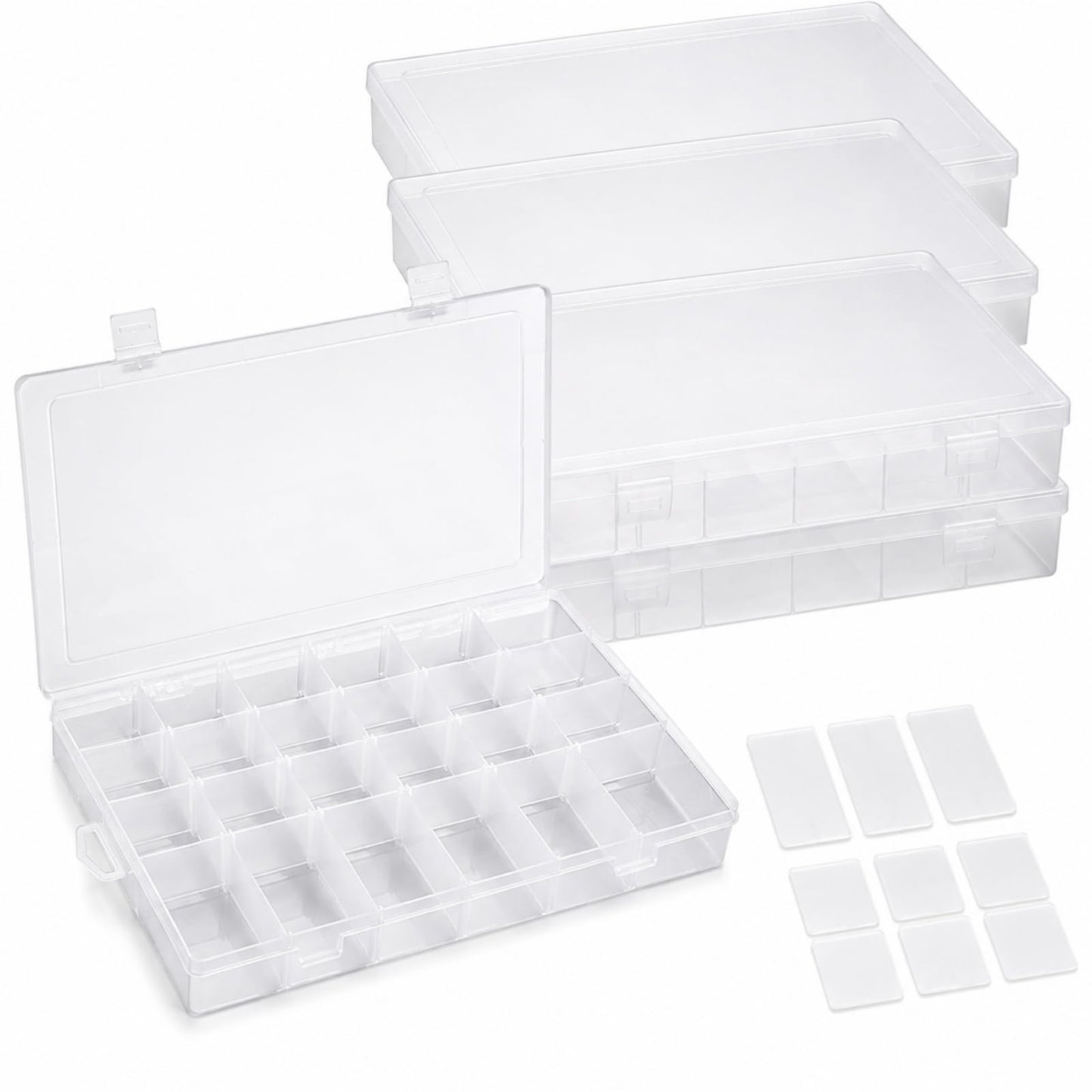 APACALI 4 Pack Large Clear Organizer Box with Dividers, 24 Adjustable Compartments Tackle Box & Bead Organizer for Crafts Small Parts