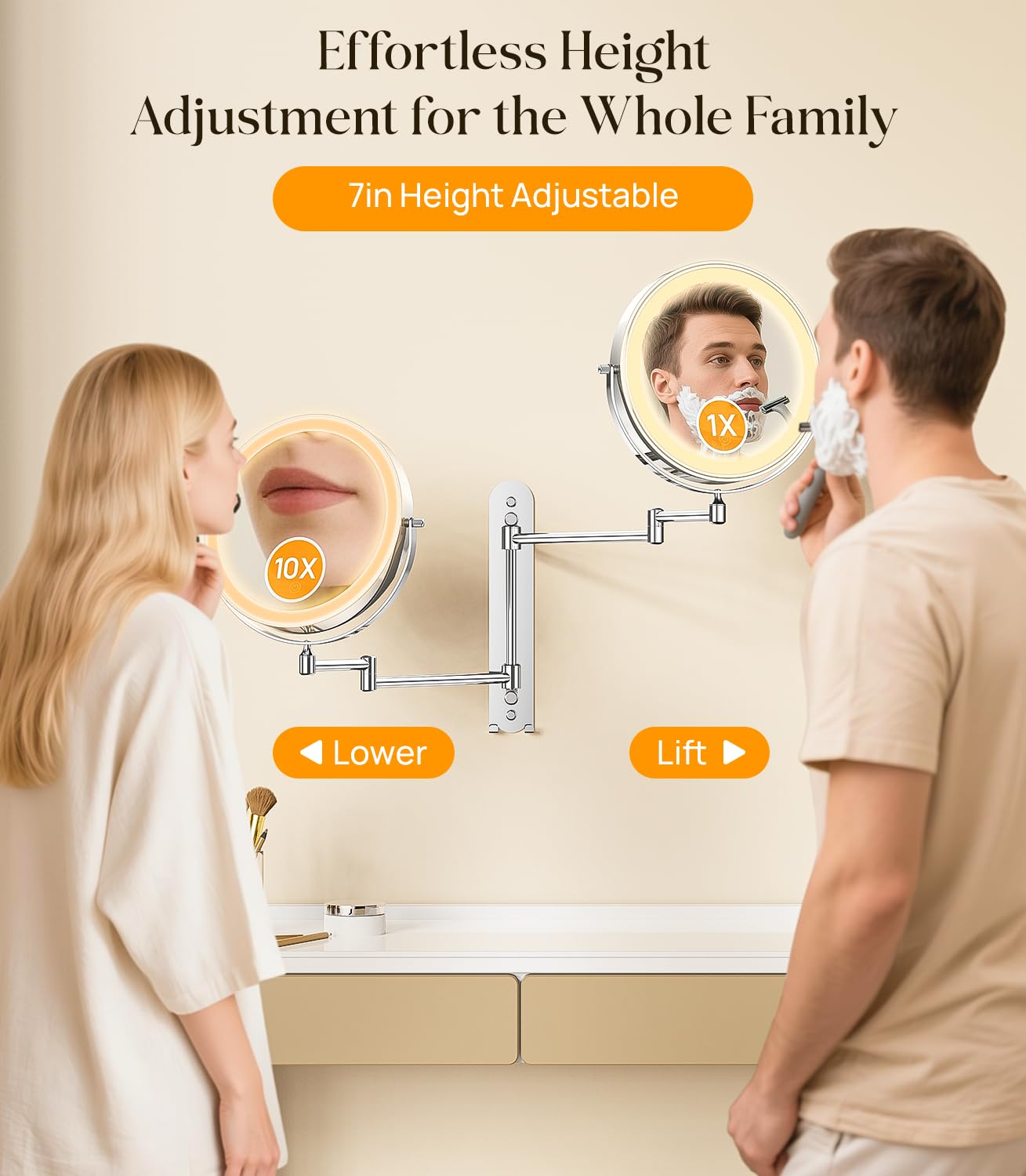 Gospire 9” Wall Mounted Makeup Mirror with Magnification 10X, 7in Height Adjustable Vanity Lighted Mirrors for Bathroom Wall, 360° Extended Arm Shaving Wall Mirror with Lights - Chrome
