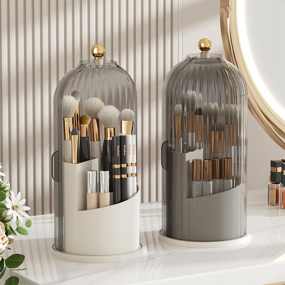 Haiansan Makeup Brush Holder Organizer with Lid, 360° Rotating Clear Dustproof Cosmetics Storage, Makeup Brushes Cup Pen Holder for Vanity Desktop Bathroom Countertop (Clear Black Cap)