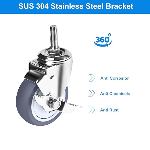 4 inch Stainless Steel Caster Wheels Heavy Duty, 1/2"-13x1-1/2 Threaded Stem Casters with Side Brake, Rust Resistant, Non-Marking TPR Rubber Wheels for Hospital, Lab,Furniture,Restaurant