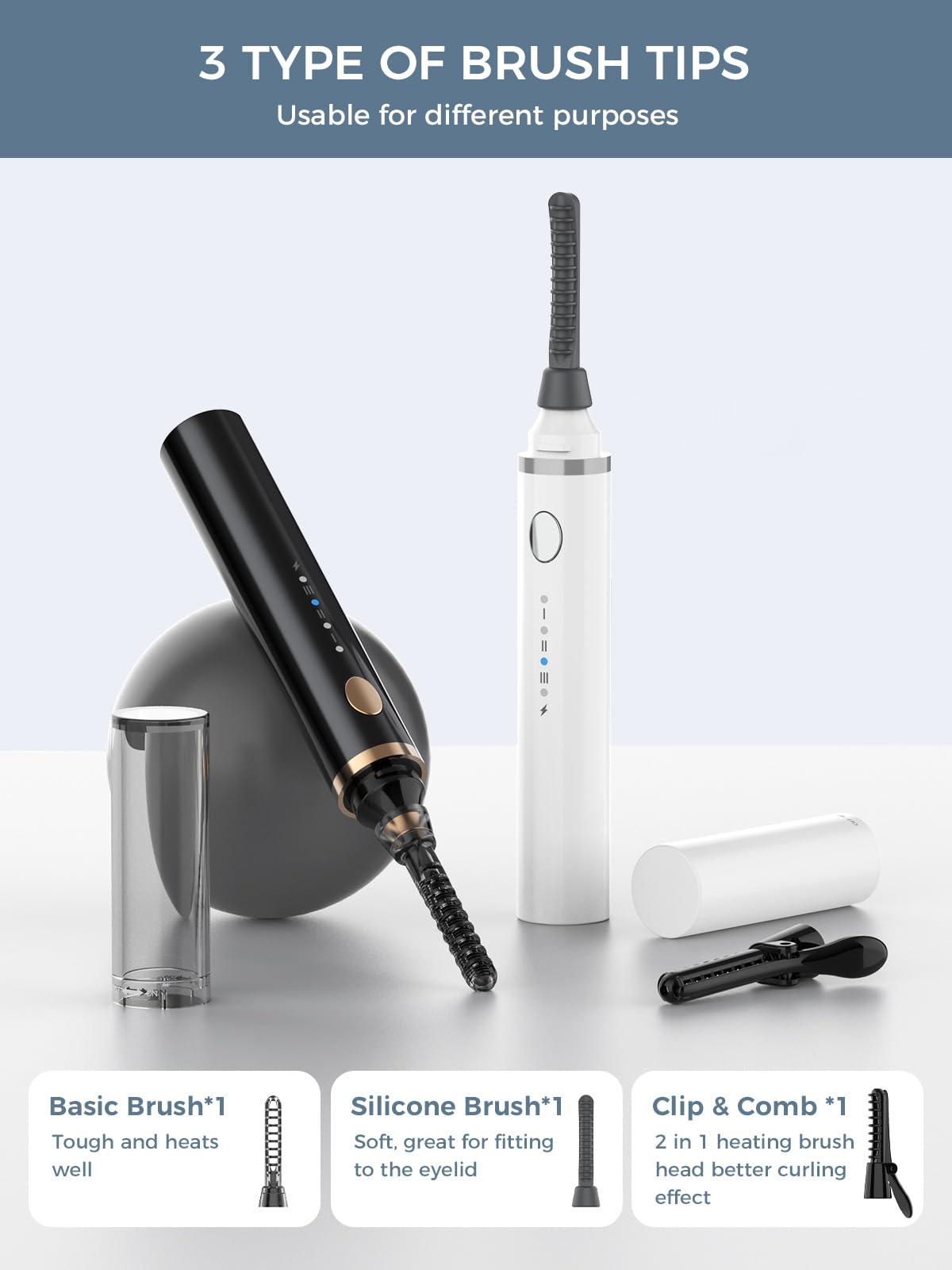 Smiling Shark Heated Eyelash Curler, 360°Wand-Style Heated Eyelash Curler Comb with 3 Brush Heads & 3 Temp & 5s Fast Heating【Lengthen/Define/Curler】 3-in-1 Lash Curler for All Types of Lashes