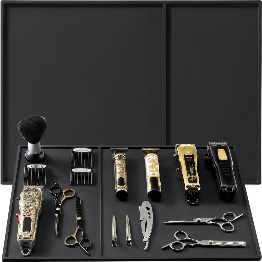HAPPYPOSH Extra Large Barber Mat 20" x 14", Professional Non-Slip Barber Station Mat for Clippers & Tools, Rubber Barber Organizer Counter Pad, Easy-Clean Barbershop Workstation Mat. Black