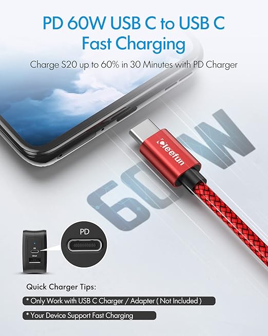 CLEEFUN USB C to USB C Cable 60W, USBC to USBC, [5-Pack, 3 ft] Type C to C Charger Cord Fast Charging for iPhone 16 15 Pro Max/Plus, for iPad/MacBook Pro/Air, for Samsung Galaxy S25 S24 S23