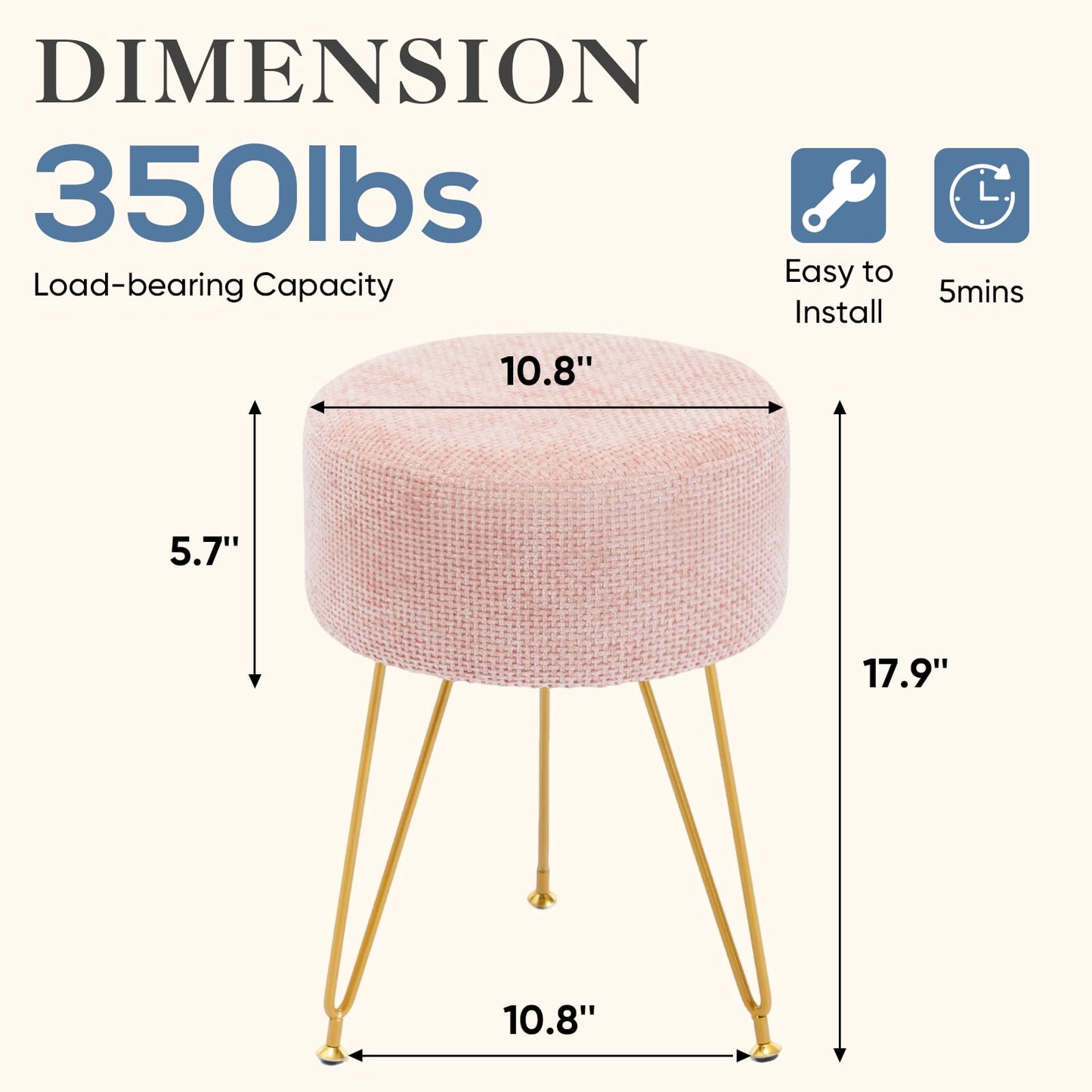 DUMOS Velvet Vanity Stool, 350LBS Heavy-Duty Makeup Stool with 4CM Thick Cushion, Round Ottoman Footrest Chair for Bedroom, Bathroom, Dressing Table, Easy-Clean Soft Fabric, Pink