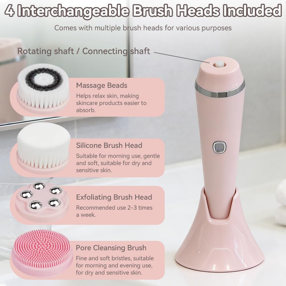 Electric Facial Cleansing Brush, 2-Way Rotating Face Scrubber with 3 Modes, 4 Interchangeable Brush Heads, Rechargeable, IPX7 Waterproof for All Skin Types (Daily & Deep Cleaning)